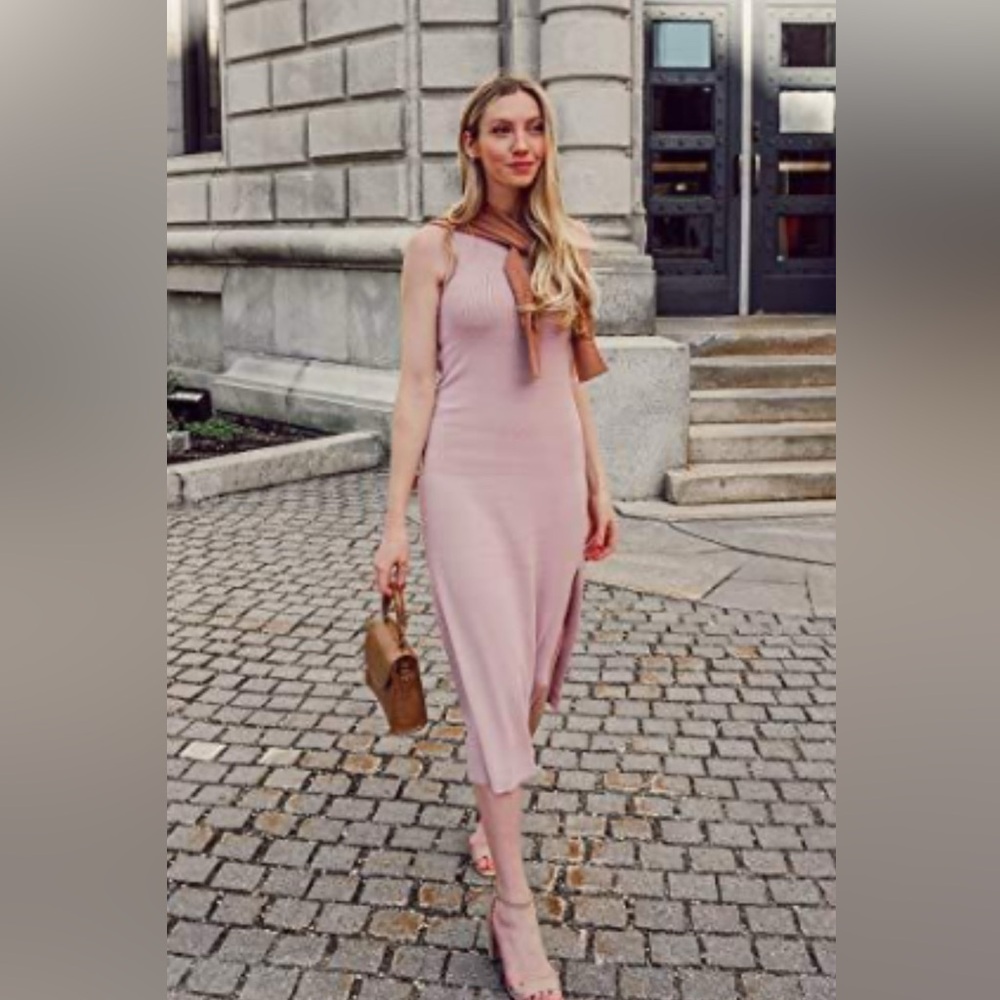 The Drop Women's Gabriela Halter Neck A-Line Side Slit Maxi Dress,Ice Pink,NWT